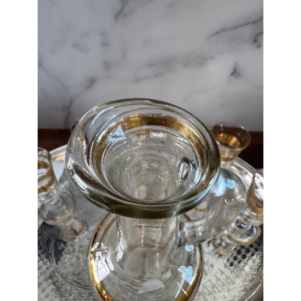 Mid Century Decanter Set Gold Rim Glasses Vintage Barware - Picture 7 of 8